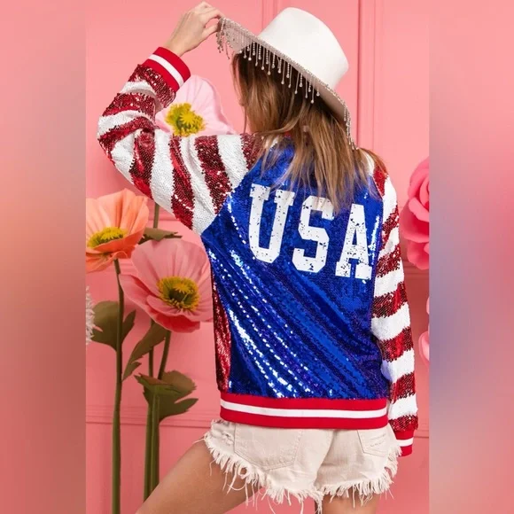 BiBi US Flag Theme Color Block Sequin Bomber Jacket - Picture 2 of 14